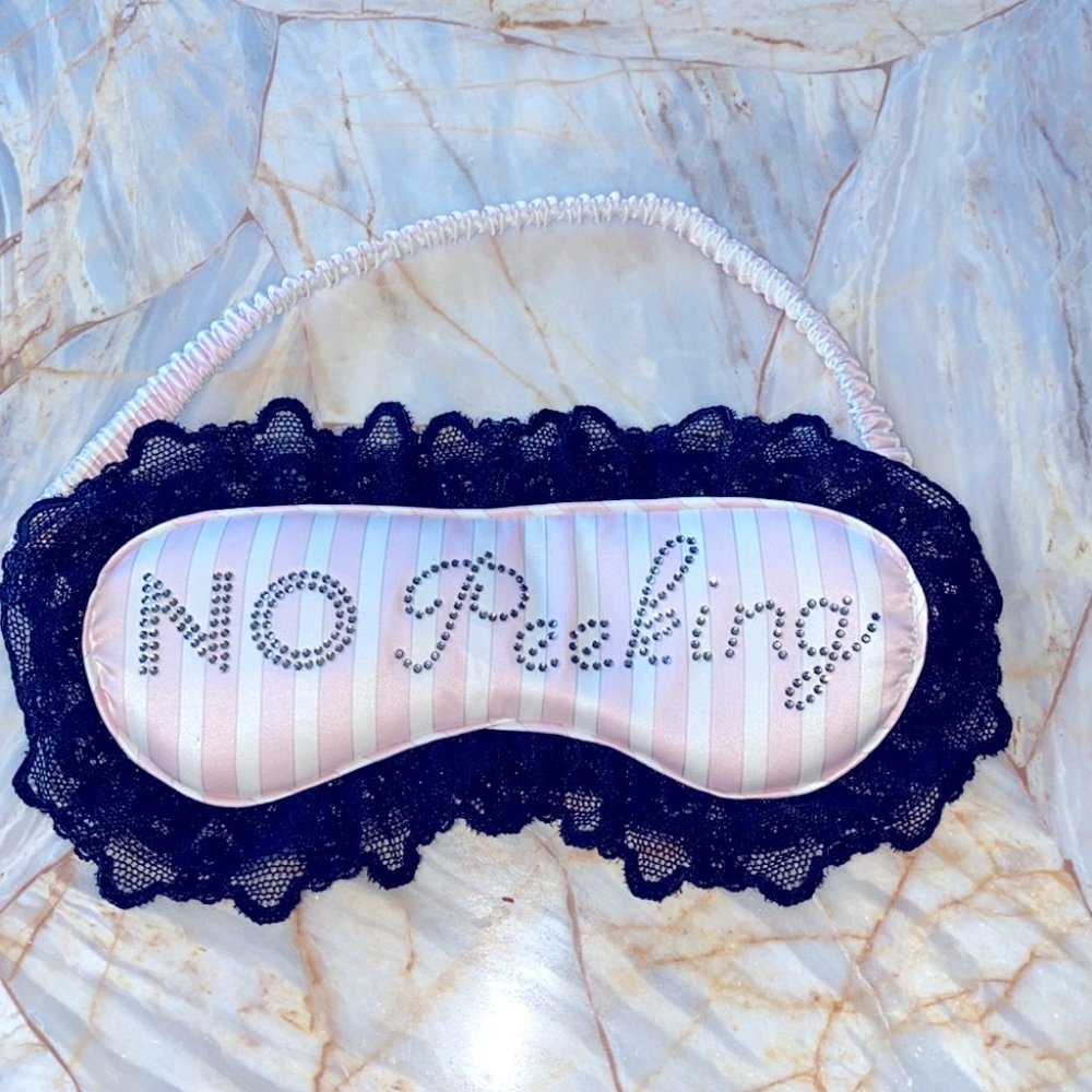 Victorias Secret “No Peeking” blindfold Silky Sleep Mask Pink Stripe Lace Trim